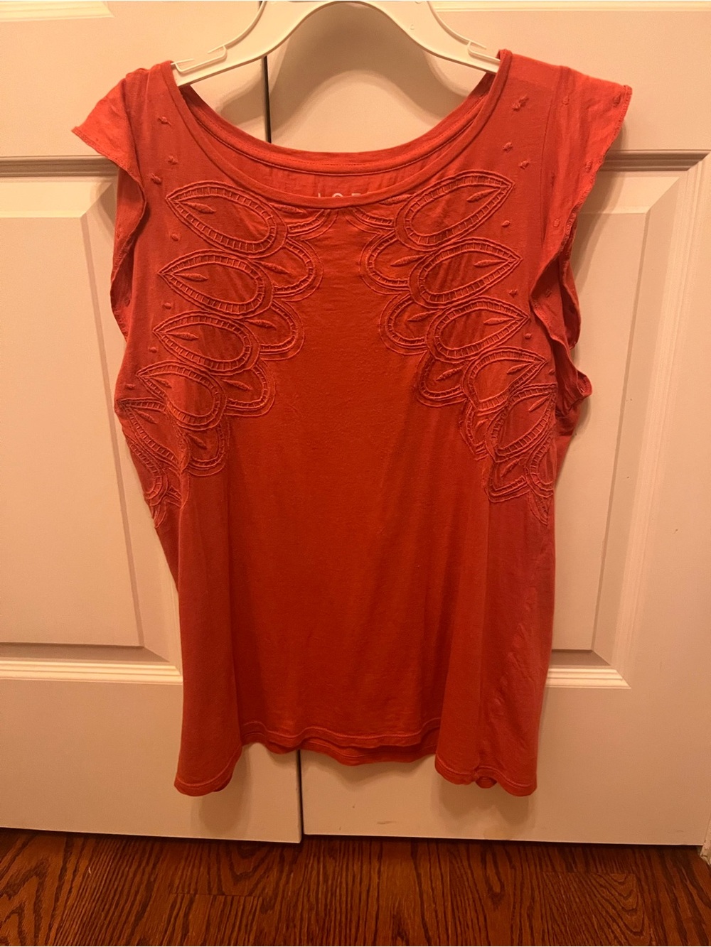 LOFT Coral Short Sleeve Tee with Embroidered Leaf Cutouts